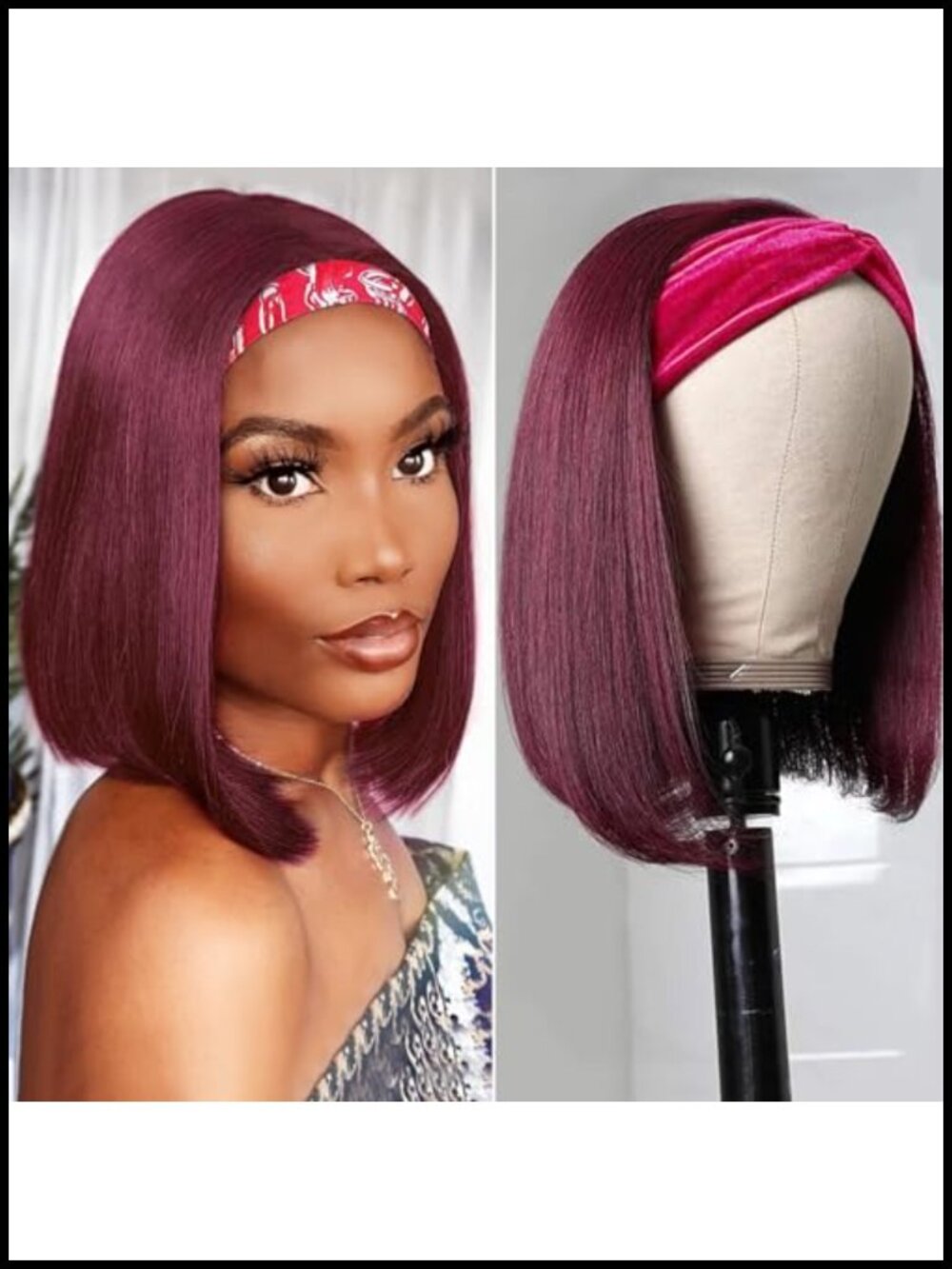 Bob Headband Wig Human Hair 99J Burgundy Glueless Wig Short Straight Bob for